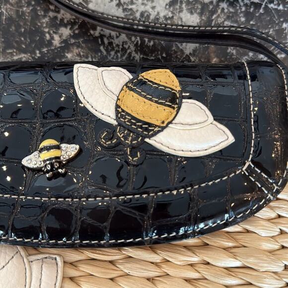 Brighton Black/Tan Leather and Rattan Bee Crossbody 9x7x3" - Picture 3 of 7